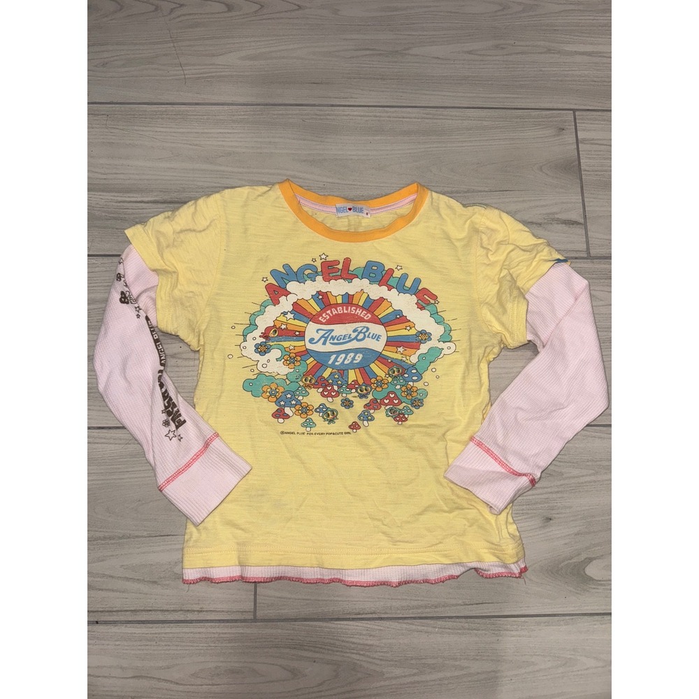 Angel Blue Harajuku Y2K Graphic Layered Long Sleeve Tee Yellow Pink Small